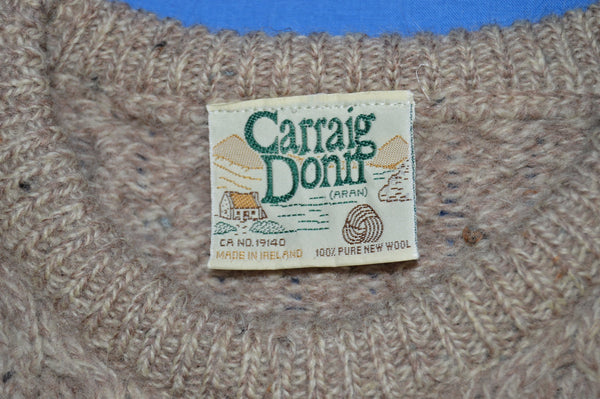 80s Carraig Donn Irish Aran Fisherman Wool Sweater Large - The