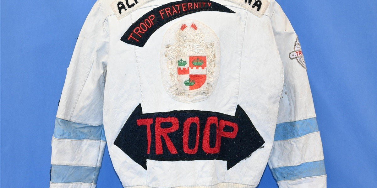 vintage 80s TROOP ALPHA FRATERNITY HIP HOP ZIP UP WHITE LEATHER
