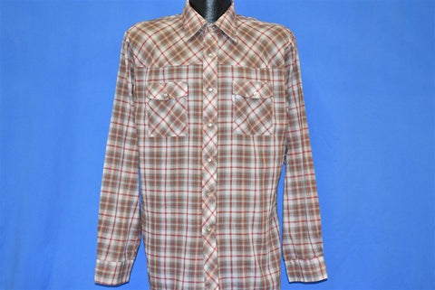 70s Levis Red Gray Plaid Western Pearl Snap Shirt Large
