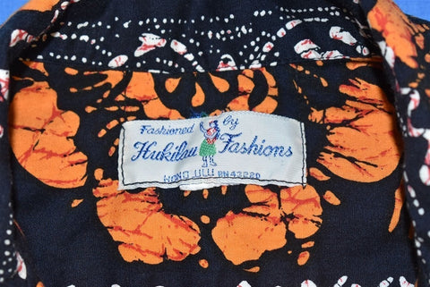 70s Hukiloau Fashions Black Orange Aloha Shirt Medium