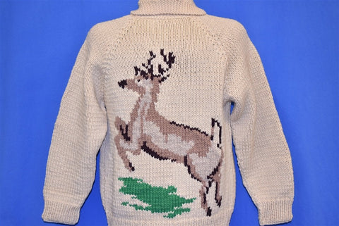 60s White Tail Deer Cowichan Shawl Neck Sweater Medium