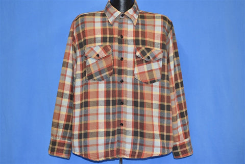 70s Best Plaid Brown Workwear Flannel Shirt Large