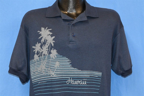 90s Hawaii Palm Trees Stripes Beach Polo Shirt Large