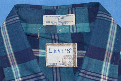 90s Levi's Blue Plaid Western Pearl Snap Shirt Large