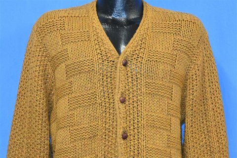 60s Basket Weave Knit Leather Button Cardigan Sweater Small