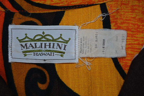 70s Malihini Orange Tribal Swirl Bark Cloth Hawaiian Shirt Large