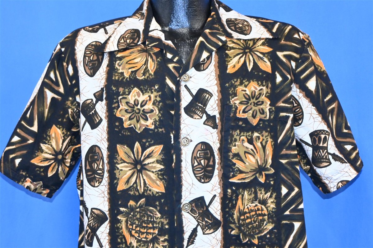 70s Ui-Maikai Tribal Tiki Metal Button Hawaiian Shirt Large