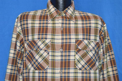 70s Brown Blue Plaid Button Down Shirt Medium