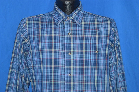 80s Blue Gray Plaid Button Down Shirt Medium
