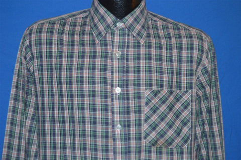 80s Green White Plaid Button Down Shirt Large