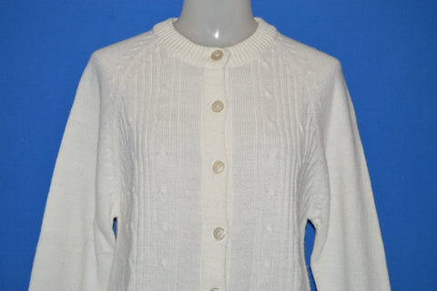 70s White Cable Knit Women's Cardigan Sweater Medium