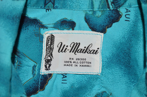 60s Ui Maikai Aloha Hawaiian Islands Sailboat Print shirt Large