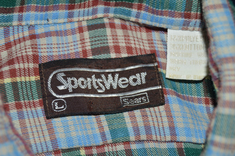 80s Sears Blue Green Plaid Button Front shirt Large