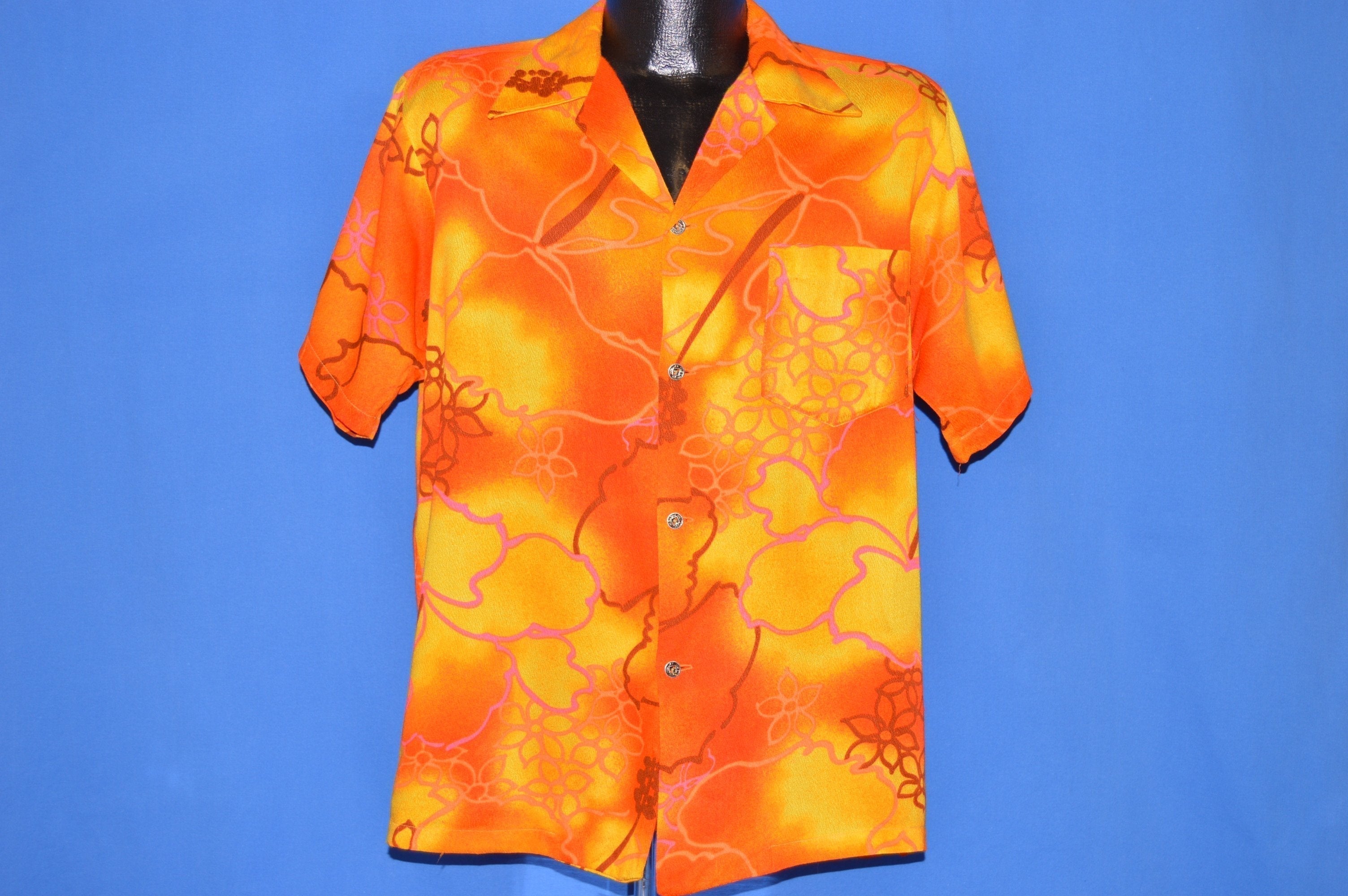 60s Barefoot Trader Neon Orange Flowered Hawaiian shirt Large